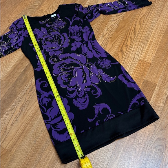 Cache, elegant black purple and gold floral long sleeve mini dress. Size 10. - Picture 14 of 17